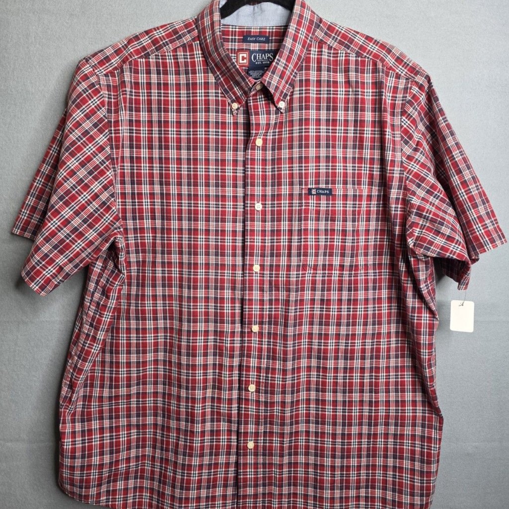 Chaps Men's Xl Easy Care Short Sleeve Button Down Shirt Plaid Cotton Blend Woven